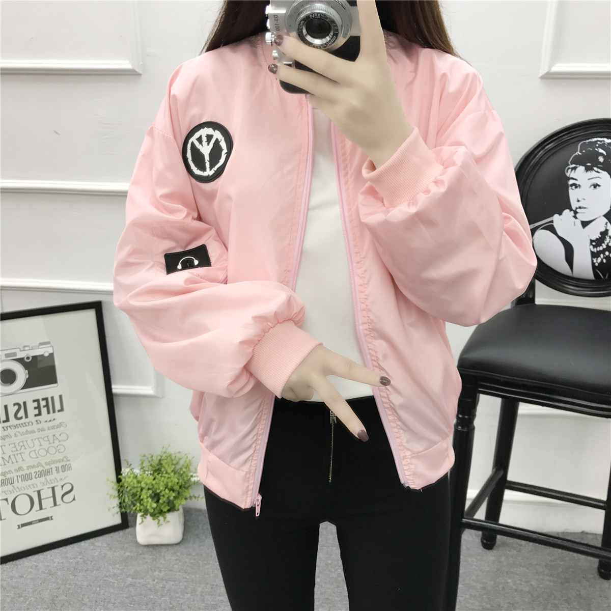棒球服女2017春秋韓版學生bf原宿風徽章馬頭貼布寬松工裝夾克外套
